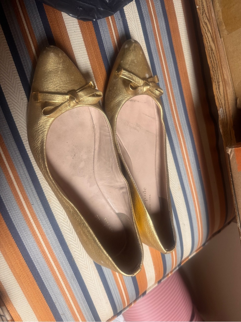 kate spade Metallic Gold Pointed-Toe Bow Flats